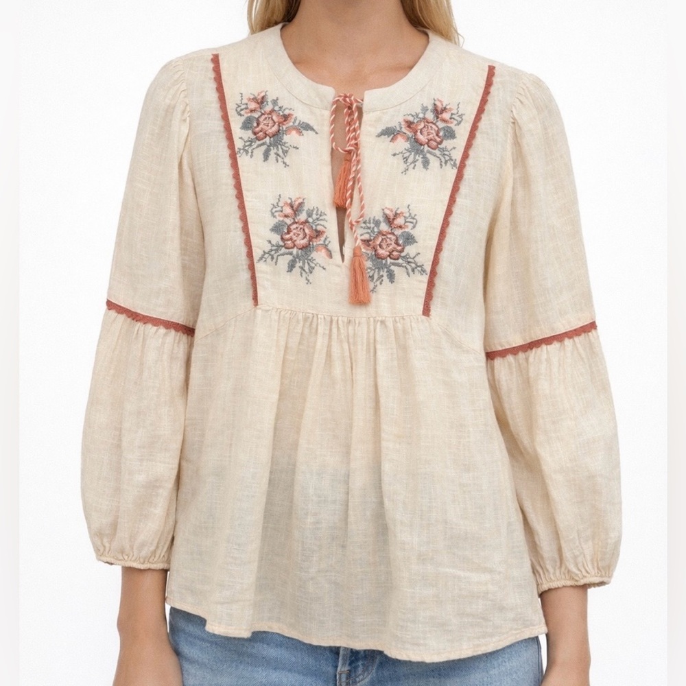 Calligraphie Embroidered Boho Peasant Blouse M Cream 100% Cotton India